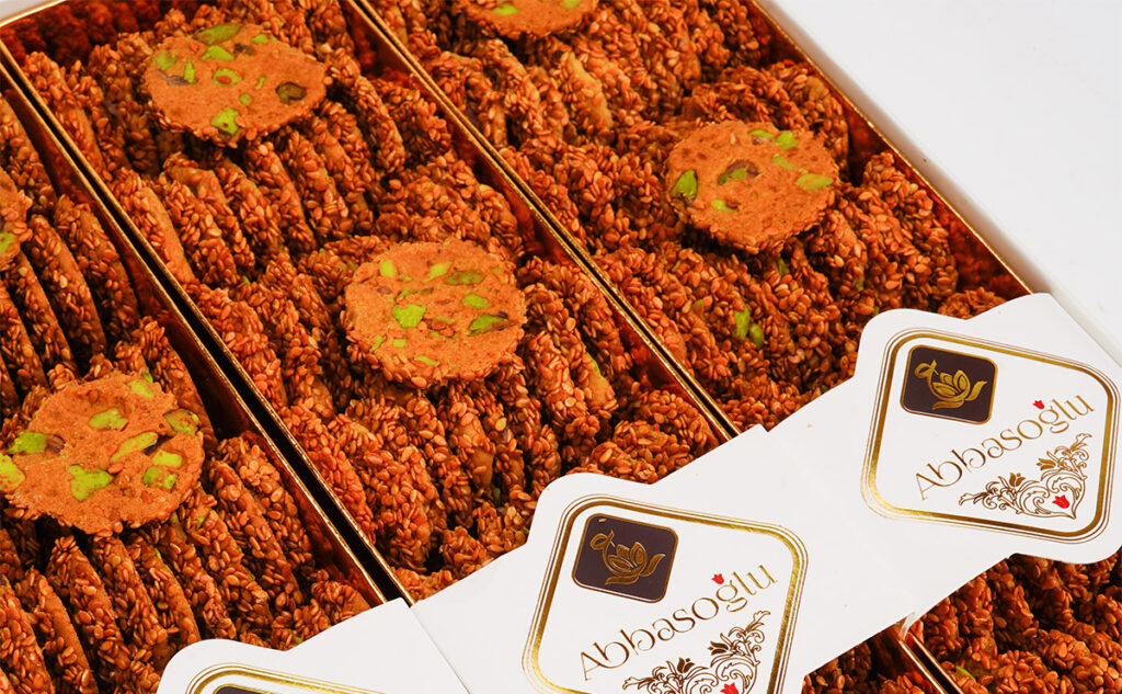 Barazek sesame cookies covered with toasted sesame and baked with natural butter, featuring pistachio topping – handcrafted oriental sweets from Istanbul