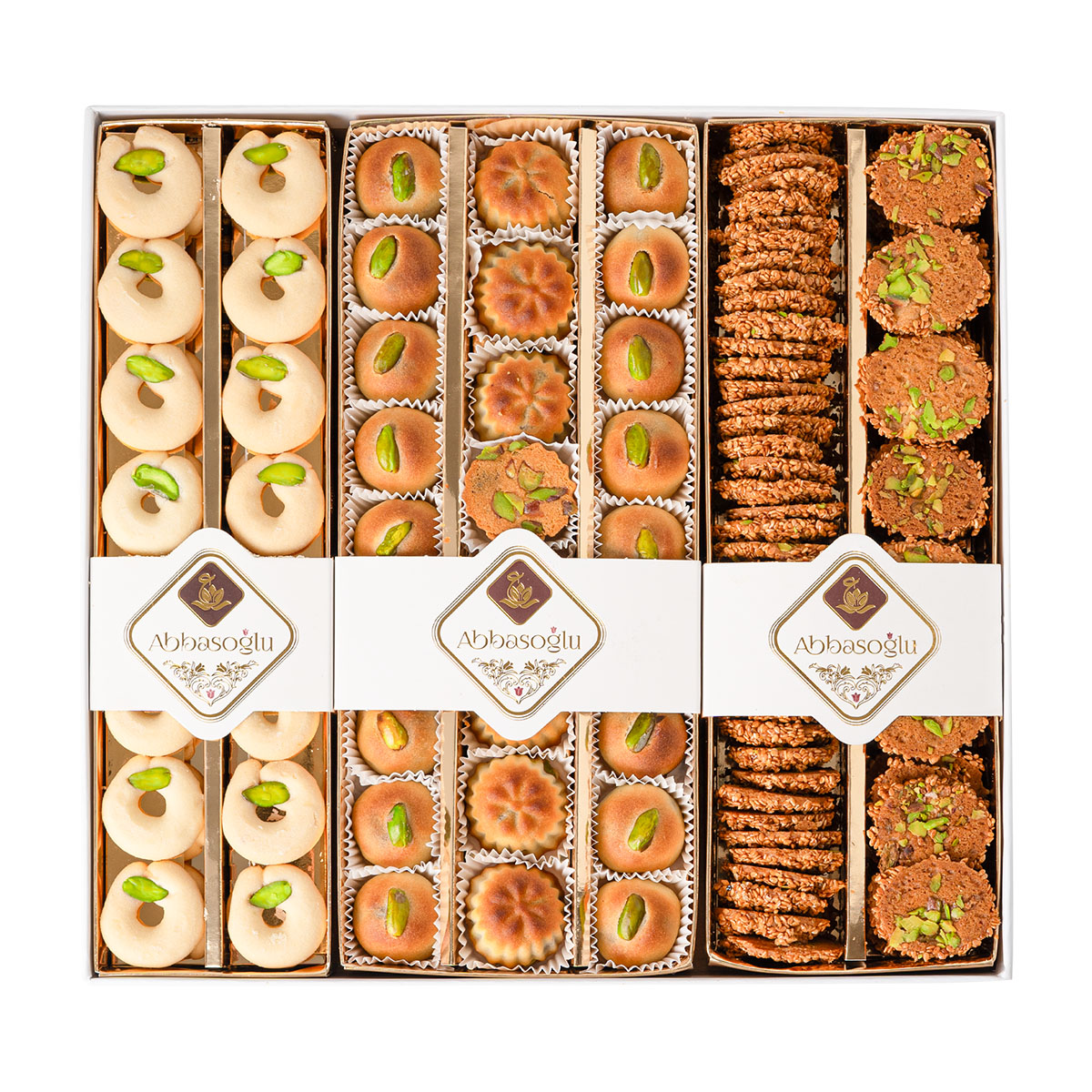 Premium karışık baklava seti içinde fıstıklı sarma, bülbül yuvası ve roll baklava çeşitleri
